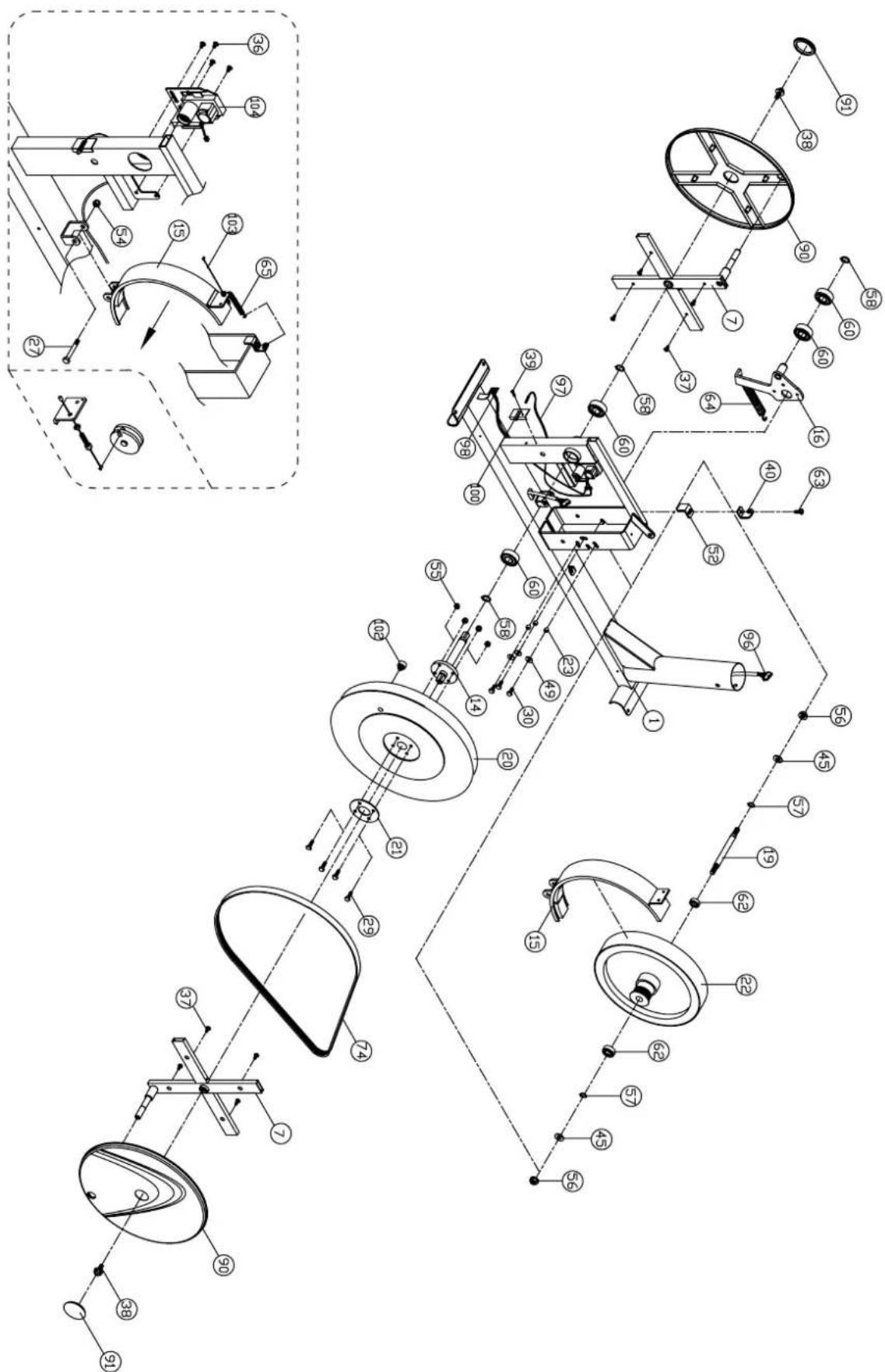 Technical schematic diagram of a mechanical assembly with numbered components and exploded views