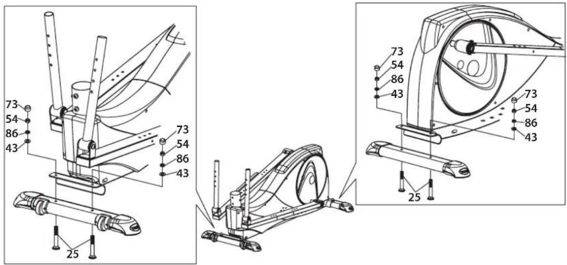 Technical diagram of a stationary exercise machine with labeled components and exploded views