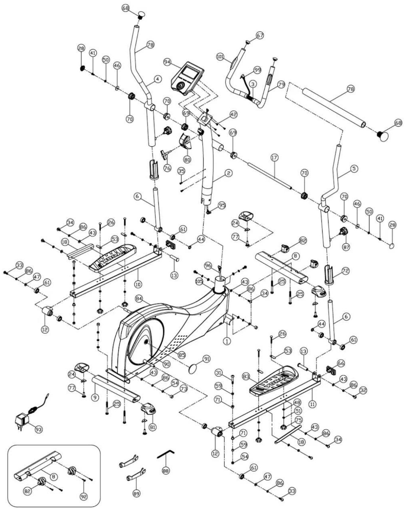 Exploded view diagram of an exercise machine with numbered components and labeled parts
