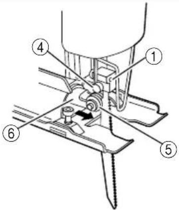 Technical diagram of a sewing machine with numbered parts labeled 1 through 6