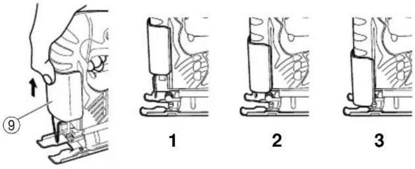 Technical diagram showing four stages of a mechanical assembly or tooling process, labeled 1 to 3 with numbered annotations.