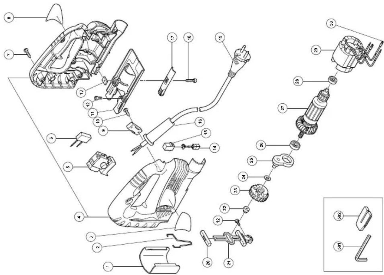Exploded view diagram of a washing machine with numbered parts and exploded view, including motor, hose, and electrical components.