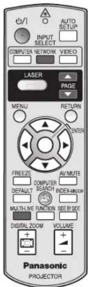 d/v1 INPUT SELECT AUTO SETUP COMPUTER NETWORK VIDEO LASER PAGE MENU RETURN ENTER FREEZE AV MUTE DEFAULT COMPUTER SEARCH INDEX-4000 MULTI-MIVE FUNCTION SIDE BI SIDE DIGITAL ZOOM VOLUME Panasonic PROJECTOR