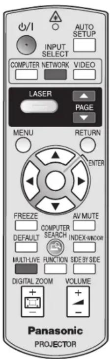 OUTPUT SETUP INPUT SELECT COMPUTER NETWORK VIDEO LASER PAGE MENU RETURN ENTER FREEZE AV MUTE DEFAULT COMPUTER SEARCH INDEX-WINDOW MULTI-LIVE FUNCTION SIDE BY SIDE DIGITAL ZOOM VOLUME Panasonic PROJECTOR