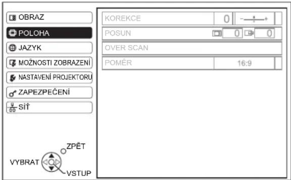OBRAZ POLOHA JAZYK MOŽNOSTI ZOBRAZENÍ NASTAVENÍ PROJEKTORU ZAPEZPEČENÍ SiřT VYBRAT ZPĚT VSTUP KOREKCE 0 POSUN 0 0 OVER SCAN POMĚR 16:9
