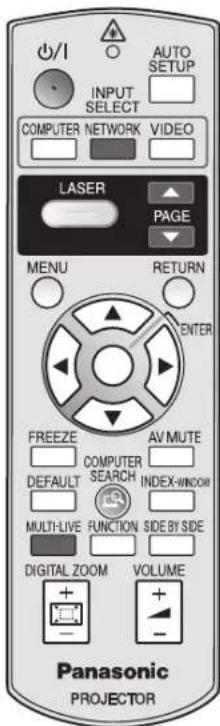 Ø/1 INPUT SELECT COMPUTER NETWORK VIDEO LASER PAGE MENU RETURN ENTER FREEZE AV MUTE DEFAULT COMPUTER SEARCH INDEX-WINCOM MULTI-LIVE FUNCTION SIDE BY SIDE DIGITAL ZOOM VOLUME Panasonic PROJECTOR