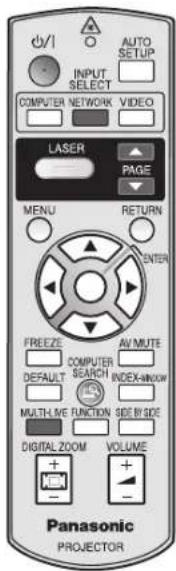 d/v1 INPUT SELECT AUTO SETUP COMPUTER NETWORK VIDEO LASER PAGE MENU RETURN ENTER FREEZE AV MUTE COMPUTER SEARCH INDEX-ARROW DEFAULT MATH-LIVE FUNCTION SIDE BY SIDE VOLUME DIGITAL ZOOM VOLUME Panasonic PROJECTOR