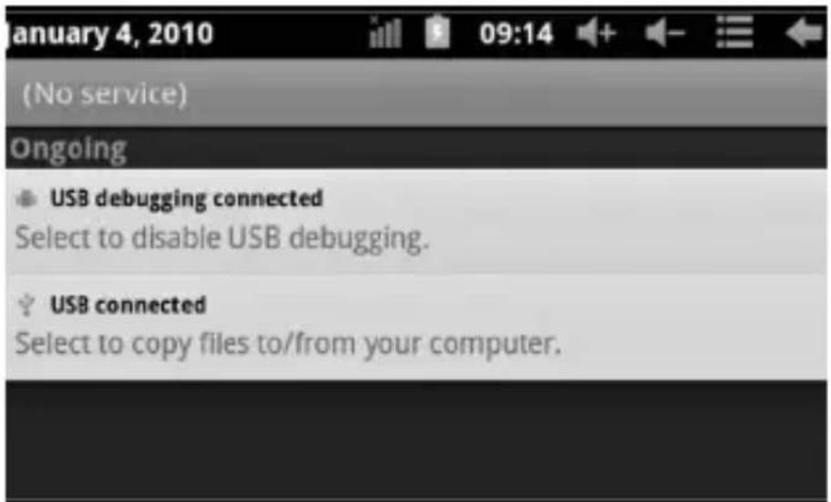 January 4, 2010 (No service) Ongoing USB debugging connected Select to disable USB debugging. USB connected Select to copy files to/from your computer.
