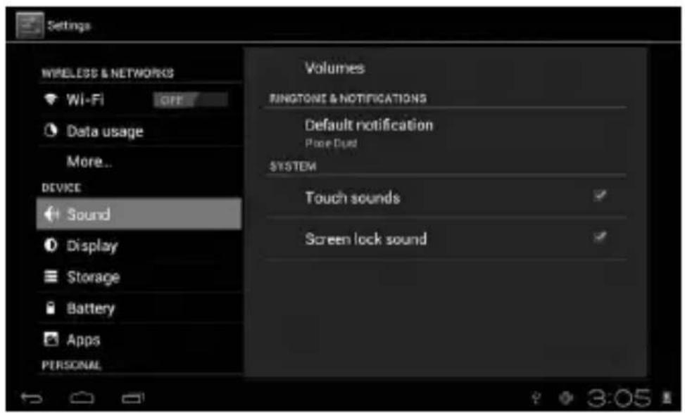 Settings WIRELESS & NETWORKS Wi-Fi OFF Data usage More... DEVICE Sound Display Storage Battery Apps PERSONAL Volumes RINGTON & NOTIFICATIONS Default notification Phone Dual SYSTEM Touch sounds Screen lock sound