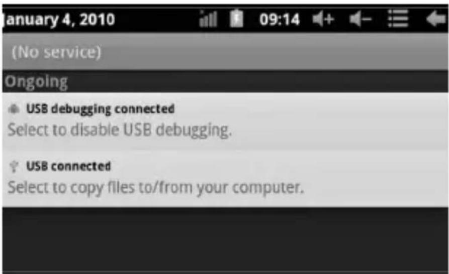 (No service) Ongoing USB debugging connected Select to disable USB debugging. USB connected Select to copy files to/from your computer.