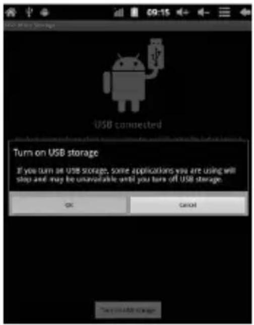 USB connected Turn on USB storage If you turn on USB storage, some applications you are using will stop and may be unavailable until you turn off USB storage. OK Cancel