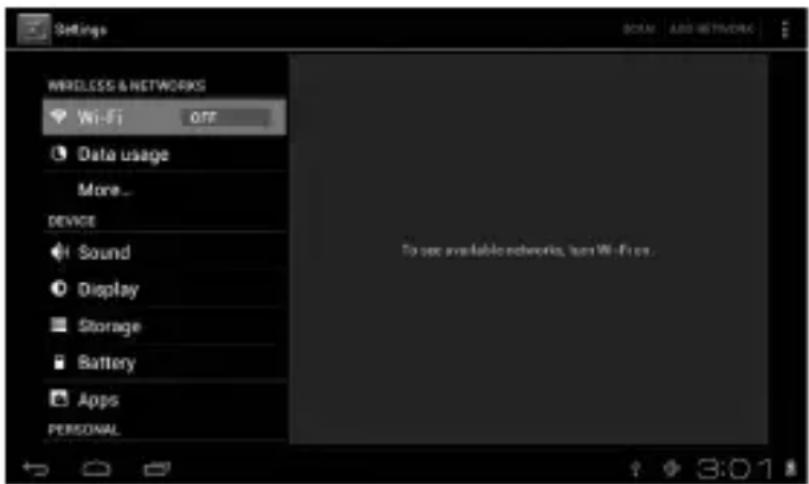 Settings WIRELESS & NETWORKS Wi-Fi OFF Data usage More... DEVICE Sound Display Storage Battery Apps PERSONAL To use available networks, turn Wi-Fi on...