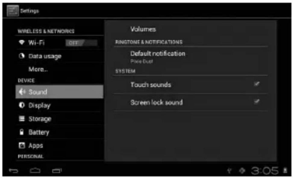 Settings WIRELESS & NETWORKS Wi-Fi OFF Data usage More... DEVICE Sound Display Storage Battery Apps PERSONAL Volumes RINGTON & NOTIFICATIONS Default notification Place Dust SYSTEM Touch sounds Screen lock sound