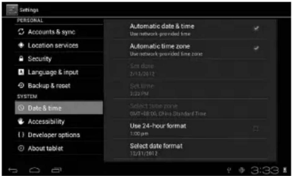 Settings PERSONAL Accounts & sync Location services Security Language & input Backup & reset SYSTEM Date & time Accessibility Developer options About tablet Automatic date & time Use network-provided time Automatic time zone Use network-provided time zone Set done 2/12/2012 Set time 3:35 PM Select time zone GMT+88:00, China Standard Time Use 24-hour format 1:00 pm Select date format 12/31/2012