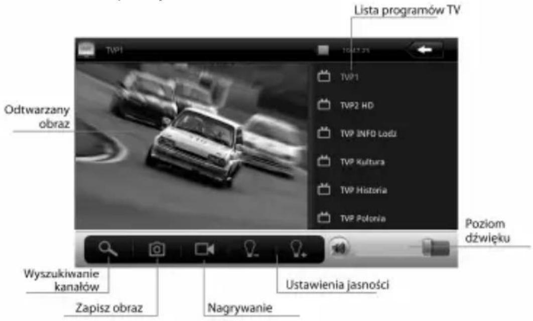 Lista programów TV Odtwarzany obraz Wyszukiwanie kanalów Zapisz obraz Ustawienia jasności Nagrywanie Poziom dźwięku