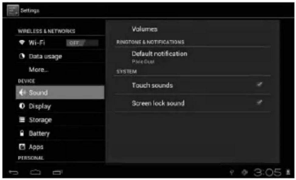 Settings WIRELESS & NETWORKS Wi-Fi OFF Data usage More... DEVICE Sound Display Storage Battery Apps PERSONAL Volumes RINGTON & NOTIFICATIONS Default notification Palo Dust SYSTEM Touch sounds Screen lock sound