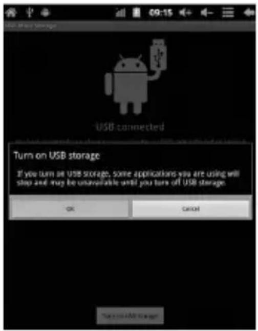 USB connected Turn on USB storage If you turn on USB storage, some applications you are using will stop and may be unavailable until you turn off USB storage. OK Cancel