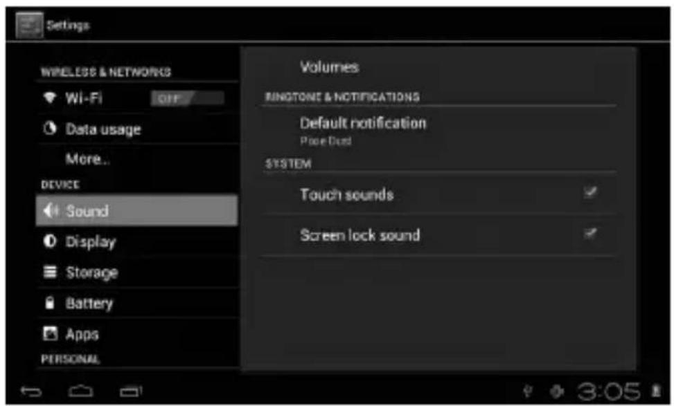 Settings WIRELESS & NETWORKS Wi-Fi OFF Data usage More.. DEVICE Sound Display Storage Battery Apps PERSONAL Volumes RINOTONE & NOTIFICATIONS Default notification Page/Dust SYSTEM Touch sounds Screen lock sound
