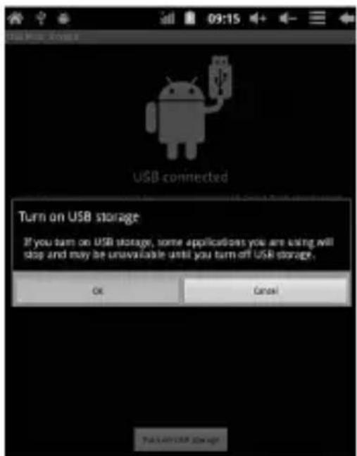 USB connected Turn on USB storage If you turn on USB storage, some applications you are using will stop and may be unavailable until you turn off USB storage. OK Cancel