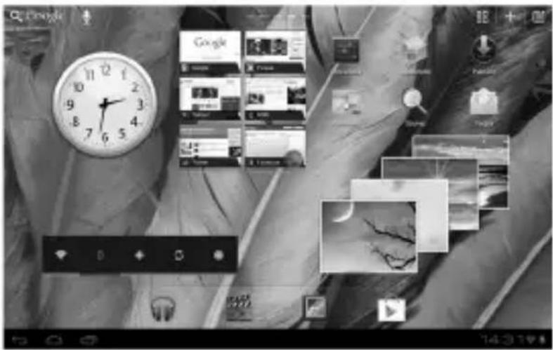 Black-and-white photo editing interface showing a clock, app icons, and a hand holding a play button.