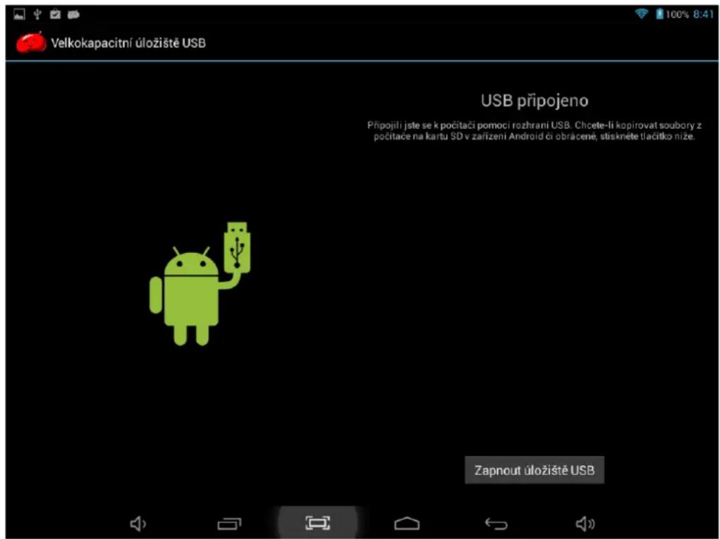 Velkokapacitní úložiště USB USB připojeno Připojili jste se k počitači pomocí rozhrani USB. Chcete-li kopirovat soubory z počitače na kartu SD v zařízení Android či obrácemé, stiskněte tlačitko níže. Zapnout úložiště USB