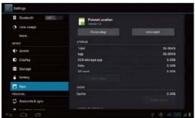Settings Bluetooth data usage None... server Spread Display Storage Battery Apps PERSONAL Accounts & sync Pointer.location version 1.0 Force stop Uninstall STORAGE Total 36.00K$ App 36.00K$ USB storage app 0.00$ Data 0.00$ STD card 0.00$ Cache Cache 8.00$