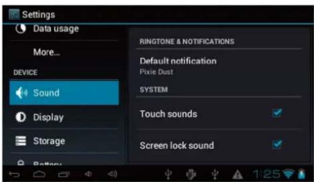 Settings Data usage More... DEVICE Sound Display Storage Battery RINGTONE & NOTIFICATIONS Default notification Pixie Dust SYSTEM Touch sounds Screen lock sound