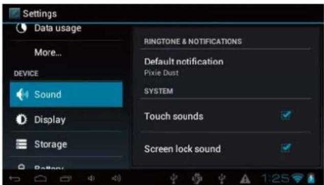 Settings Data usage More... DEVICE Sound Display Storage Battery RINGTONE & NOTIFICATIONS Default notification Pixie Dust SYSTEM Touch sounds Screen lock sound