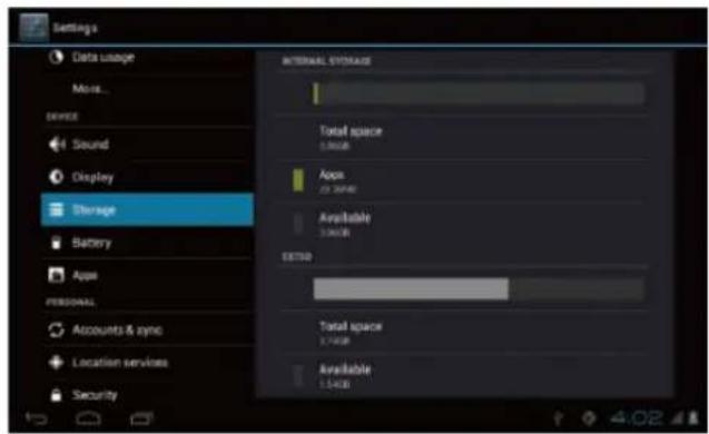 Settings Data usage More... DEVICE Sound Display Storage Battery Apps PERSONAL Accounts & sync Location services Security INTERNAL STORAGE Total space 3.96KB Apps 23 KB/KB Available 3.96KB EXTRA Total space 3.74KB Available 1.54KB