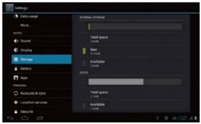 Settings Data usage Main... DAVES Sound Display Storage Battery Apps PERSONAL Accounts & sync Location servios Security INTERNAL STORAGE Total space 2.000KB Apps 25.000KB Available 5.000KB EXITSB Total space 3.74KB Available 1.54KB