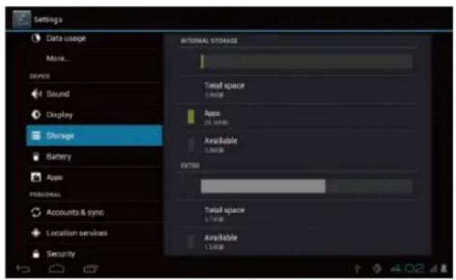 Settings Data usage None... DEVICE Sound Display Storage Battery Apps PERSONAL Accounts & sync Location services Security INTERNAL STORAGE Total space 0.00MB Apps 25.00MB Available 0.00MB EXTER Total space 5.70MB Available 1.50MB