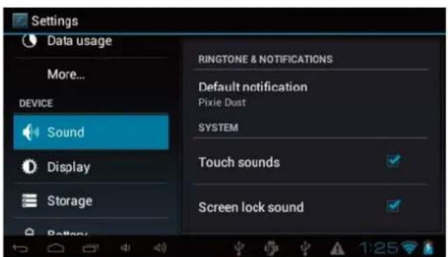 Settings Data usage More... DEVICE Sound Display Storage Battery RINGTONE & NOTIFICATIONS Default notification Pixie Dust SYSTEM Touch sounds Screen lock sound