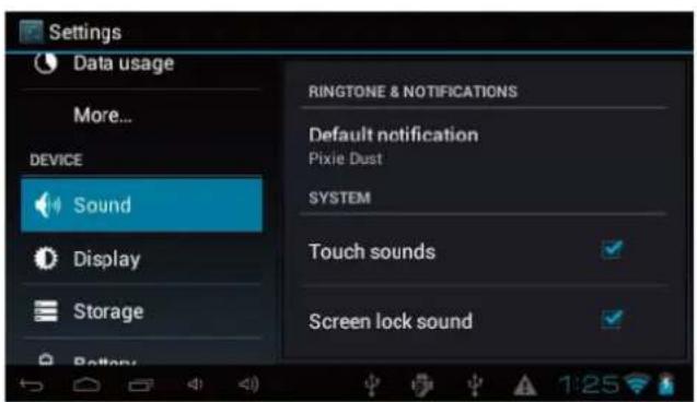 Settings Data usage More... DEVICE Sound Display Storage Battery RINGTONE & NOTIFICATIONS Default notification Pixie Dust SYSTEM Touch sounds Screen lock sound