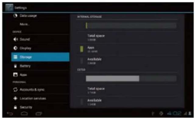 Settings Data usage More... DEVICE Sound Display Storage Battery Apps PERSONAL Accounts & sync Location Services Security INTERNAL STORAGE Total space 1.0GHz Apps 25.0GHz Available 0.0GHz OUTBA Total space 2.7GHz Available 1.5GHz