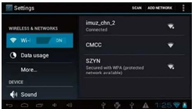 Settings SCAN ADD NETWORK WIRELESS & NETWORKS Wi- ON Data usage More... DEVICE Sound imuz_chn_2 Connected CMCC SZYN Secured with WPA (protected network available)