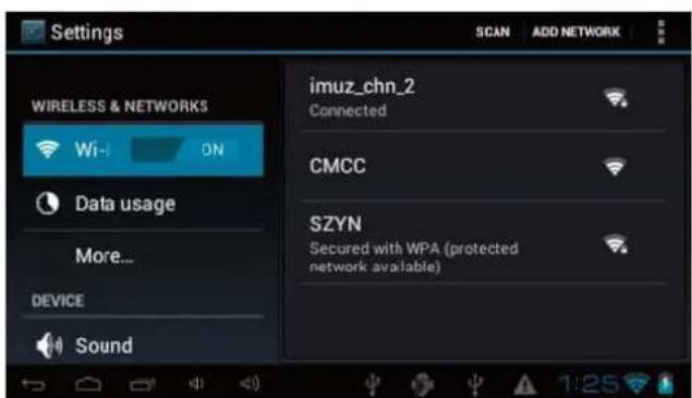 Settings SCAN ADD NETWORK WIRELESS & NETWORKS Wi- ON Data usage More... DEVICE Sound imuz_chn_2 Connected CMCC SZYN Secured with WPA (protected network available)