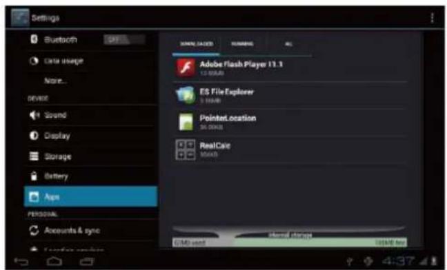 Settings Bluetooth Data usage None... DEVICE Sound Display Storage Battery Apps PERSONAL Accounts & sync SAMS LED Adobe Flash Player 11.3 ES FileExplorer Pointed.location RealCare MOSAT E:\MS\cmd Internal Player Default Key