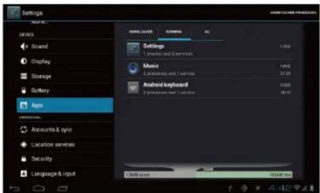 Settings AVOC DEVICE Sound Display Storage Battery Apps PRODUCTS Accounts & sync Location services Security Language & Input SOMEN ON/OFF RUNNING ALL Settings 1 process and 5 services Music 2 processes and 1 service Android keyboard 3 processes and 1 service 1/2000 units 10/2000 lines SHOW CACHE PROCESSING