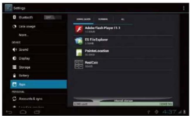 Settings Bluetooth Data usage None... DEVICE Sound Display Storage Battery Apps PERSONAL Accounts & sync Adobe Flash Player 11.1 ES File Explorer 3.00KB Pointed.location 94.00KB RealCsc 50KB Internal Storage 20MB free