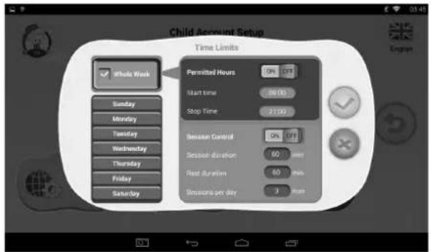 Child Account Setup Time Limits Whole Week Sunday Monday Tuesday Wednesday Thursday Friday Saturday Permitted Hours On Off Start time 50:00 Stop Time 21:00 Session Control On Off Session duration 60 min Rest duration 60 min Sessions per day 3 min