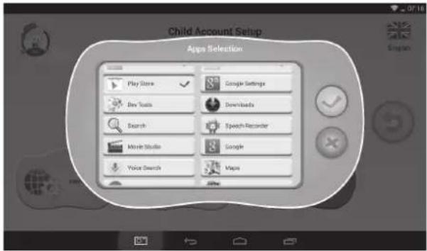 Child Account Setup Apps Selection Play Store Google Settings Des Tools Downloads Search Speech Recorder Movie Studio Google Voice Search Maps