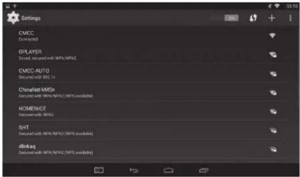 Settings CMCC Connected OPLAYER Sorted, accessed with WPA/WPA2 CMCC-AUTO Secured with 2012.1x ChinaNet MIGn Secured with WPA/WPA2 (WPS available) HOMENICE Secured with WPA2 SHT Secured with WPA/WPA2 (WPS available) dlinkaq Secured with WPA/WPA2 (WPS available)