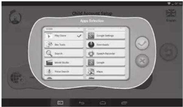 Child Account Setup Apps Selection Play Store Google Settings Buy Tools Downloads Search Speech-Recorder Movie Studio Google Voice Search Maps