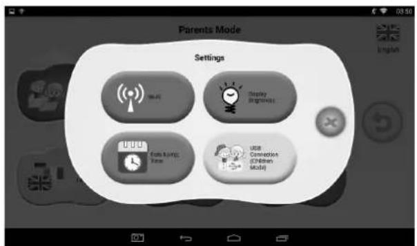 Parents Mode Settings Wireless Display Brightness Time USB Connection (Children Mobile)