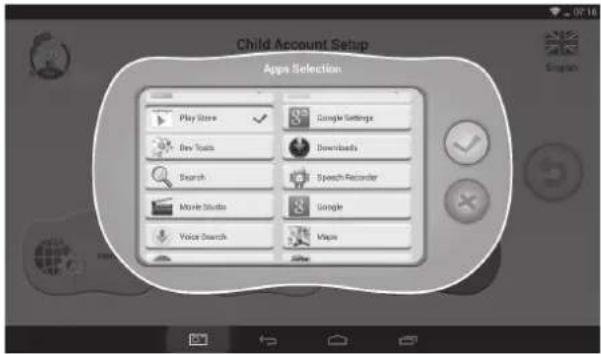Child Account Setup Apps Selection Play Store Search Movie Studio Voice Search Google Settings Downloads Speech Recorder Single Maple