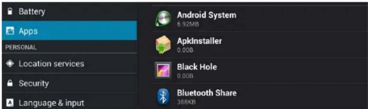 Battery Apps PERSONAL Location services Security Language & input Android System 6.92MB ApkInstaller 0.00B Black Hole 0.00B Bluetooth Share 388KB