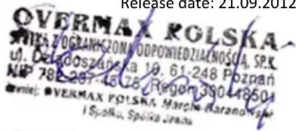Release date: 21.09.2012 OVERMAX ROLSKA MIKA Z OGRANKZONN A ODPOWIEDZIA CNOŚCIA, SP.K. uJ. Deładoszanska 10. 61-248 Pozpań MIP 788-267-45-78, Regom 390-4850- dremie: OVERMAX ROLSKA Marche-Baranowski i Spolku, Spółka Jerada