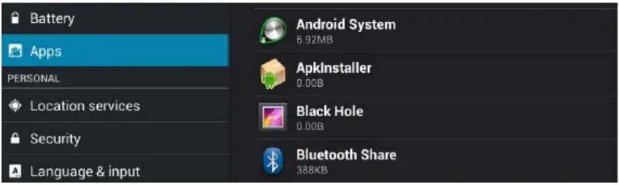 Battery Apps PERSONAL Location services Security Language & input Android System 6.92MB ApkInstaller 0.00B Black Hole 0.00B Bluetooth Share 388KB