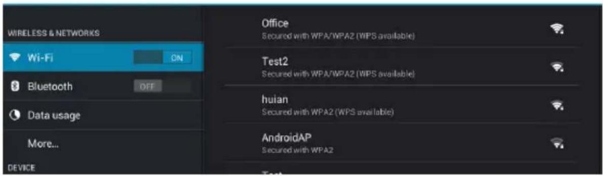 WIRELESS & NETWORKS Wi-Fi ON Bluetooth OFF Data usage More... DEVICE Office Secured with WPA/WPA2 (WPS available) Test2 Secured with WPA/WPA2 (WPS available) huian Secured with WPA2 (WPS available) AndroidAP Secured with WPA2