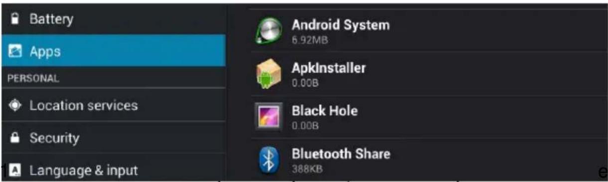 Battery Apps PERSONAL Location services Security Language & input Android System 6.92MB ApkInstaller 0.00B Black Hole 0.00B Bluetooth Share 388KB